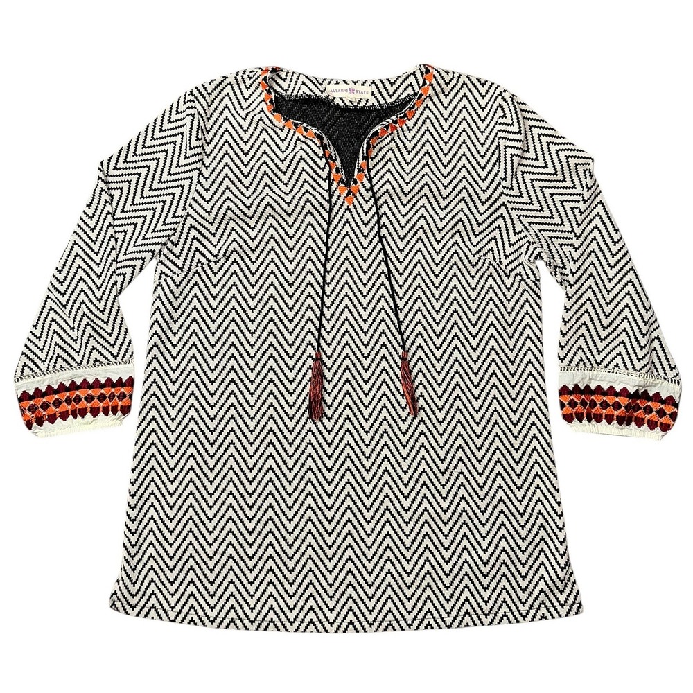 Altar'd State Womens Black White Chevron Tassel Tunic Top Orange Embroidered L